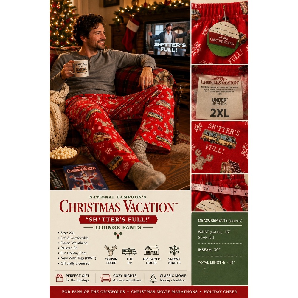 National Lampoons Christmas Vacation Mens Pajama Pants Red Shitters Full 2XL NWT
